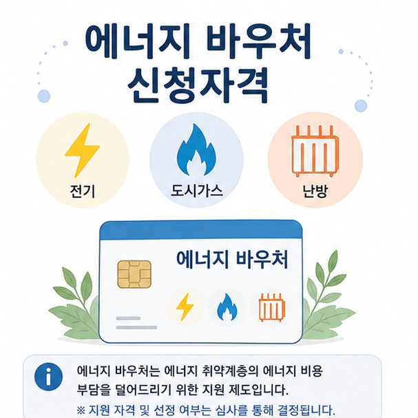 전기와 난방비를 지원하는 에너지 바우처 제도의 신청자격을 소개하는 그림