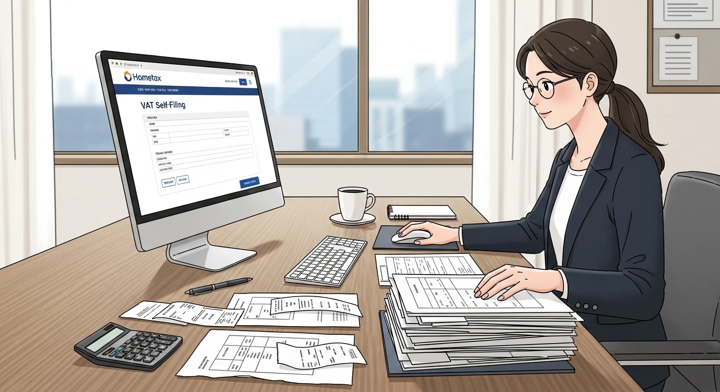부가가치세를-홈택스에서-셀프-신고하는-여성을-표현한-일러스트