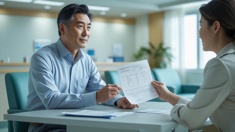 병원에서 서류를 받고 있는 중년 남성