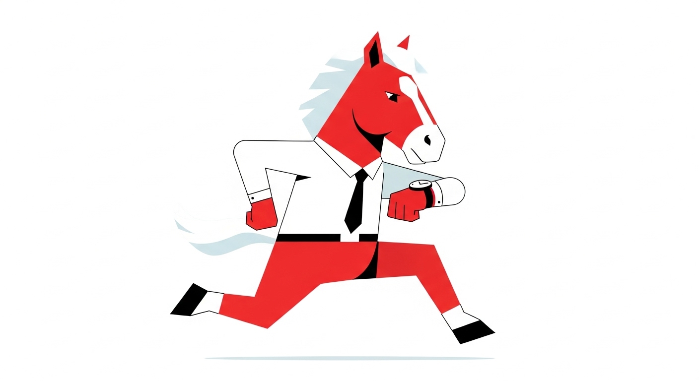 달리면서 손목시계를 확인하며 바쁜 일정 속에서도 시간을 관리하는 말 캐릭터 일러스트