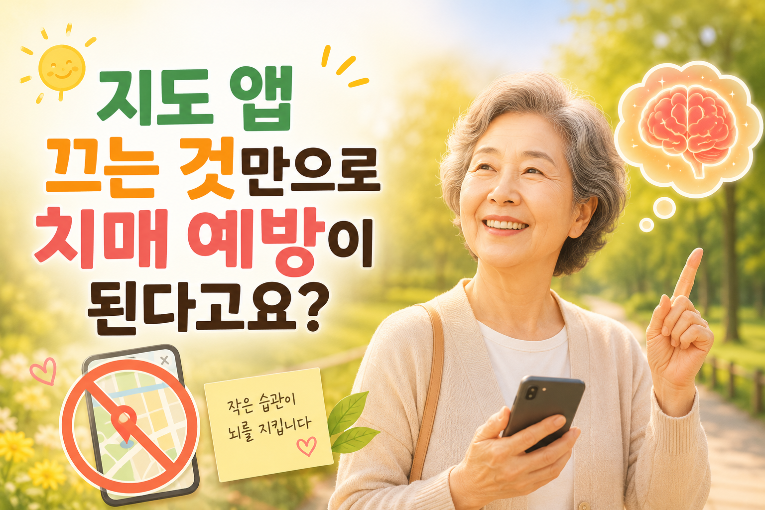 스마트폰 지도 앱 사용과 뇌 건강, 치매 예방 습관을 설명하는 대표 썸네일 이미지