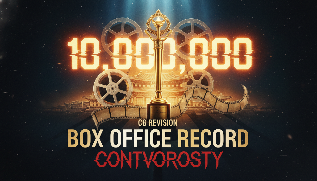 영화 필름과 트로피, 1000만 관객 돌파와 CG 수정 논란을 상징하는 디지털 글리치 효과가 있는 한국 궁궐 배경의 시네마틱 이미지