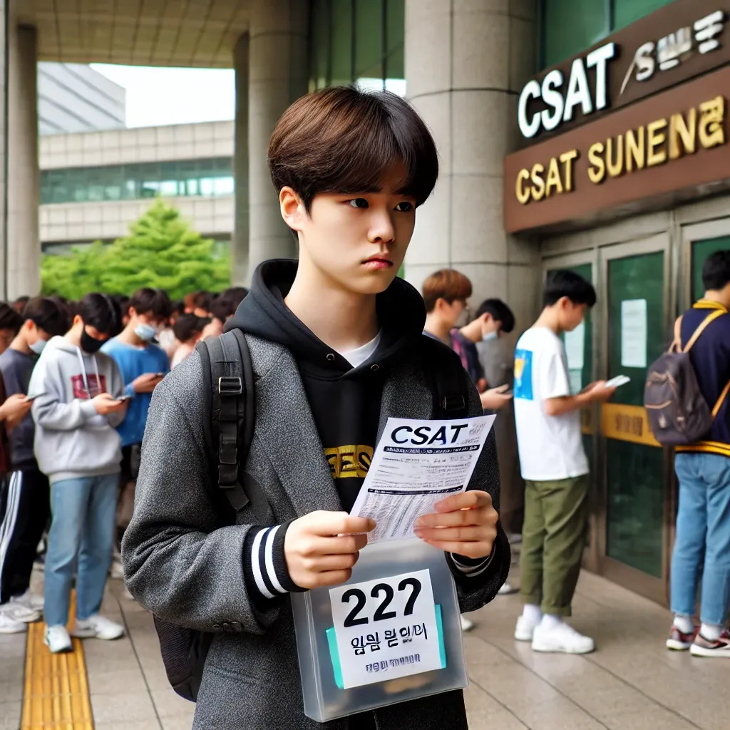 수능 시험장 앞에서 긴장하며 대기하는 한국 고등학생, 손에 수험표와 노트가 든 파일을 들고 있음