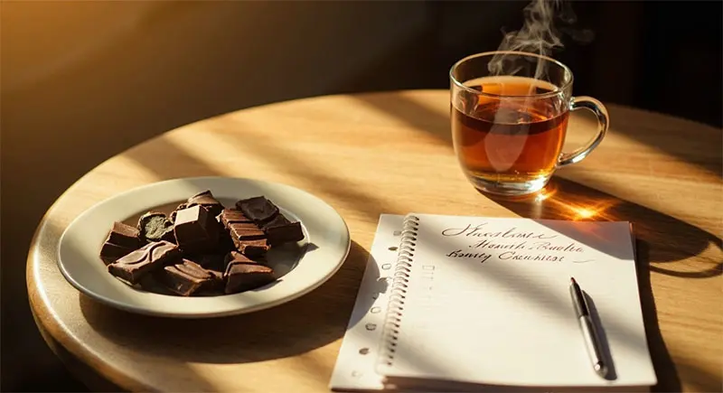 따뜻한 차 한 잔과 달콤한 초콜릿과 주의사항이 적힌 노트가 탁자 위에 놓인 이미지.