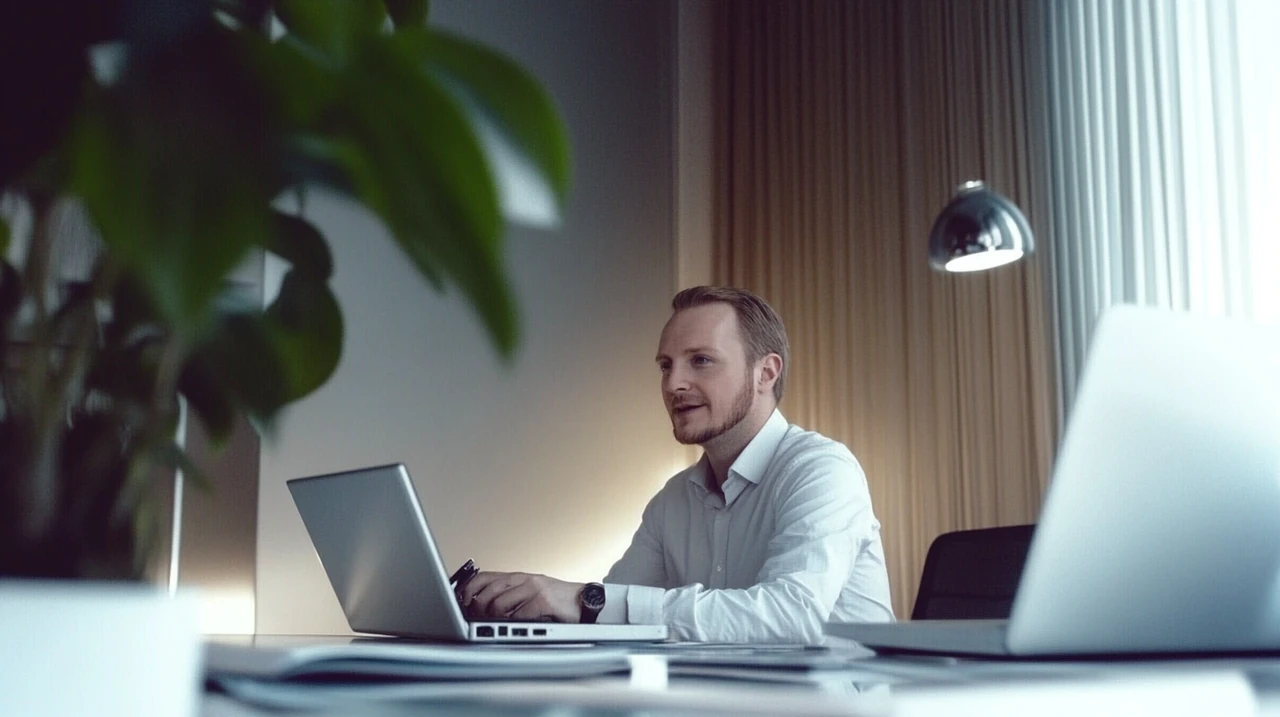 전문가가 사무실에서 국내외 ETF의 세금 혜택을 설명하는 장면이 조화로운 조명과 함께 펼쳐진다. 투자 전략과 세금 절감 팁을 통해 재정 전문성을 강조한다.