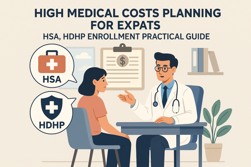 Illustration showing a doctor explaining HSA and HDHP enrollment strategies for high medical cost planning for expats