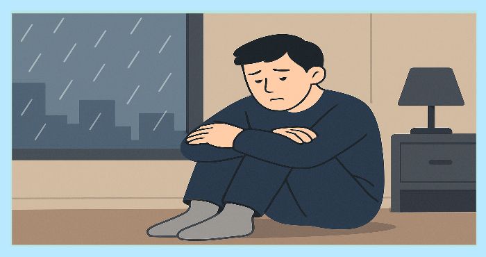 비 오는 창가 앞에서 무릎을 끌어안고 앉아 있는 남성의 삽화. 외로움과 우울감을 표현한 모습.