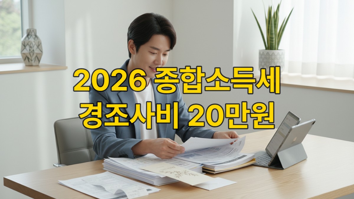 집에서 종합소득세 신고 서류를 정리하며 경조사비 영수증과 청첩장을 확인하는 한국인 사업자의 모습