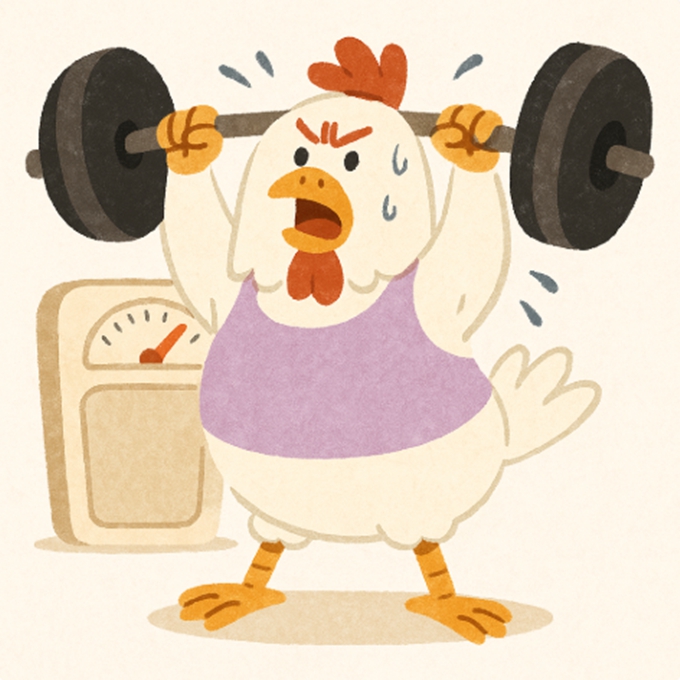 만화풍 닭이 보라색 민소매를 입고 역기를 힘겹게 들어 올리며 땀을 흘리는 모습. 뒤에는 체중계 바늘이 빨간색으로 치솟아 있어 기초대사량을 상징함.