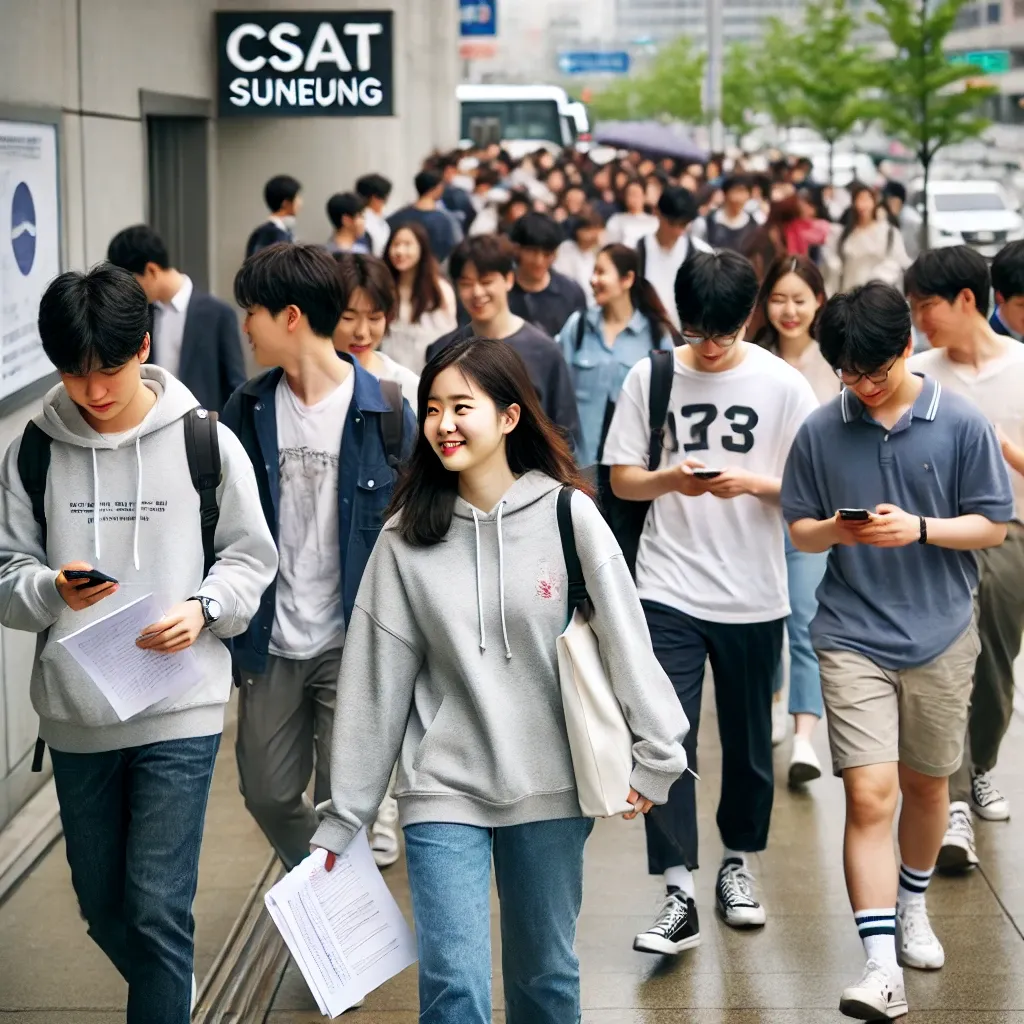 수능 시험을 마친 후 시험장에서 나오는 한국 학생들&amp;#44; 함께 걷고 웃으며 안도하는 모습