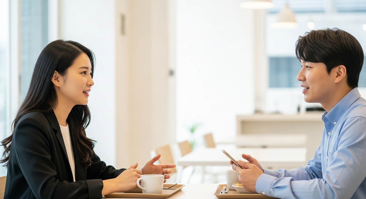 스마트폰 없이 동료와 진솔한 대화를 나누며 유대감을 형성하는 한국인 직장인의 모습