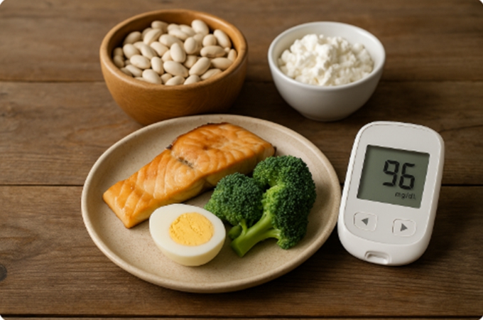 단백질과 혈당 관리를 상징하는 식단 – 나무 테이블 위의 구운 연어, 삶은 달걀, 브로콜리, 흰콩, 코티지치즈가 담긴 접시가 부드러운 햇빛 아래 놓여 있음.