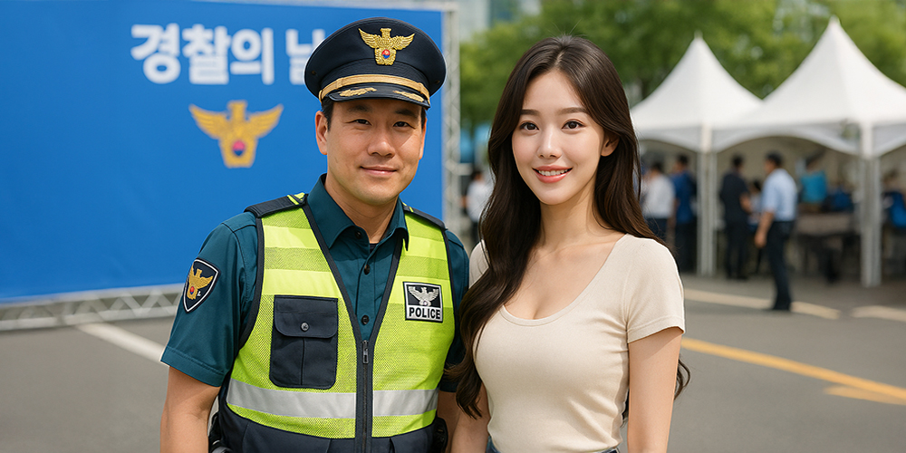 경찰과 기념 사진 찍는 사람