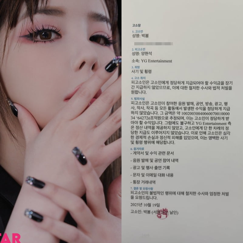 박봄, 양현석 상대로 고소장