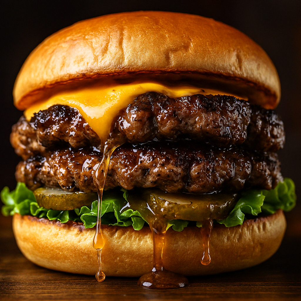 탱글한 소고기 패티에서 육즙이 흘러나오는 햄버거 클로즈업