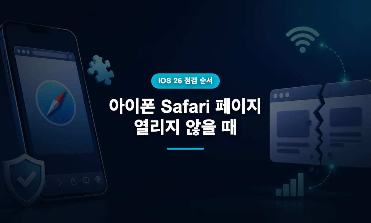 아이폰 Safari 브라우저와 Wi-Fi·셀룰러 연결 경로로 페이지 로드 오류 해결을 표현한 일러스트