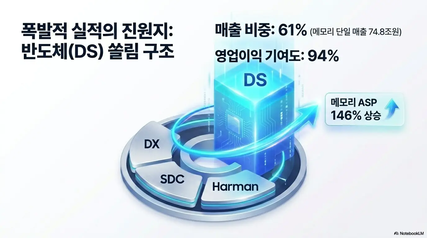 삼성전자 주가 전망: 삼성전자 사업에서 반도체 DS 부문이 매출 비중 61%&amp;#44; 영업이익 기여도 94%를 차지하고 메모리 ASP가 146% 상승한 쏠림 구조를 DX&middot;SDC&middot;Harman과 함께 입체 도형으로 표현한 이미지. 폭발적 실적의 진원지가 반도체임을 시각적으로 전달하며&amp;#44; 삼성전자 주가 전망과 사업 구조 주제를 설명함 