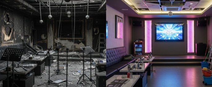 노래방 화재청소 후 복구중