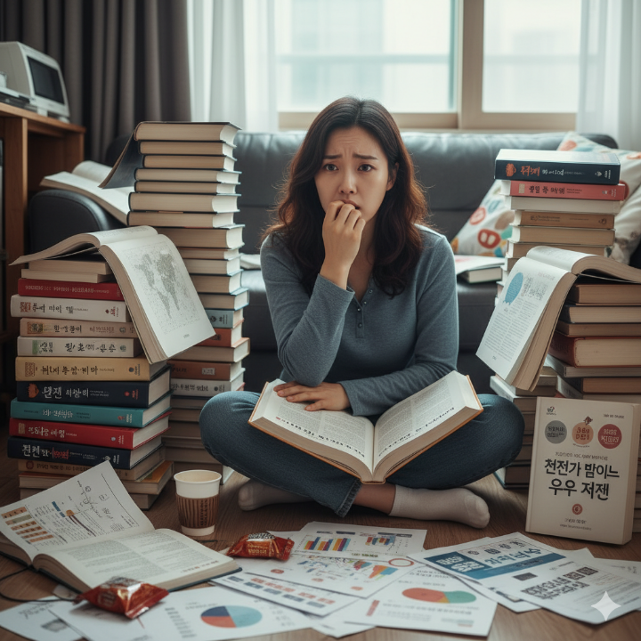 육아 서적과 경쟁 정보에 둘러싸여 불안해하는 양육자의 모습