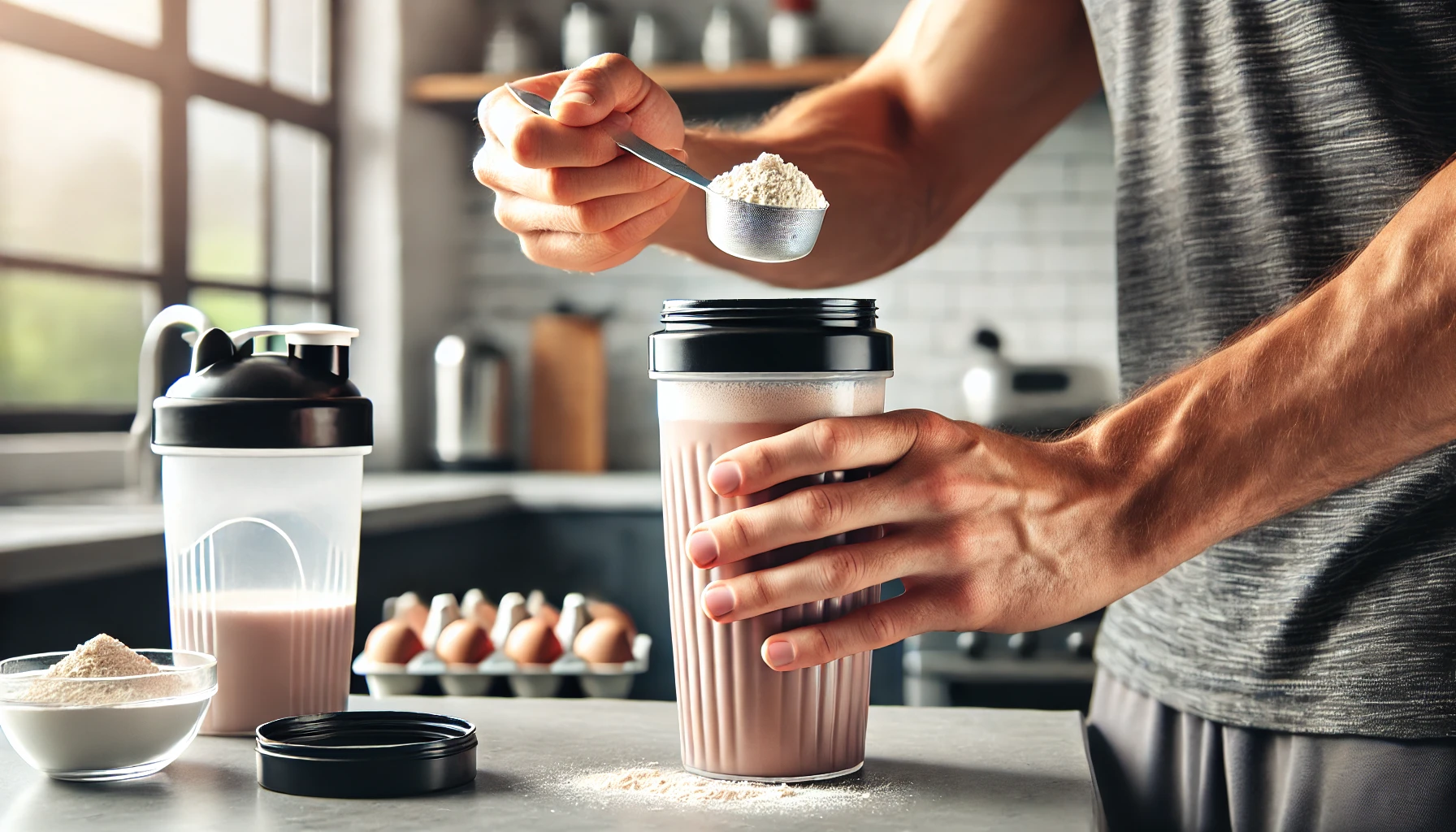 단백질 쉐이크를 준비하는 사람의 손