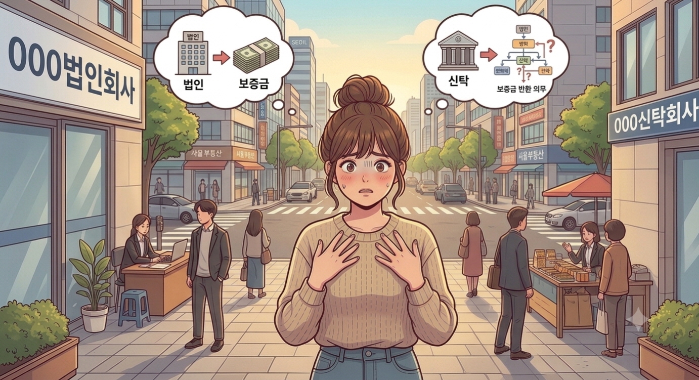 법인과 신탁이 뭔지 잘 몰라 혼란스러워하는 임차인을 표현한 이미지