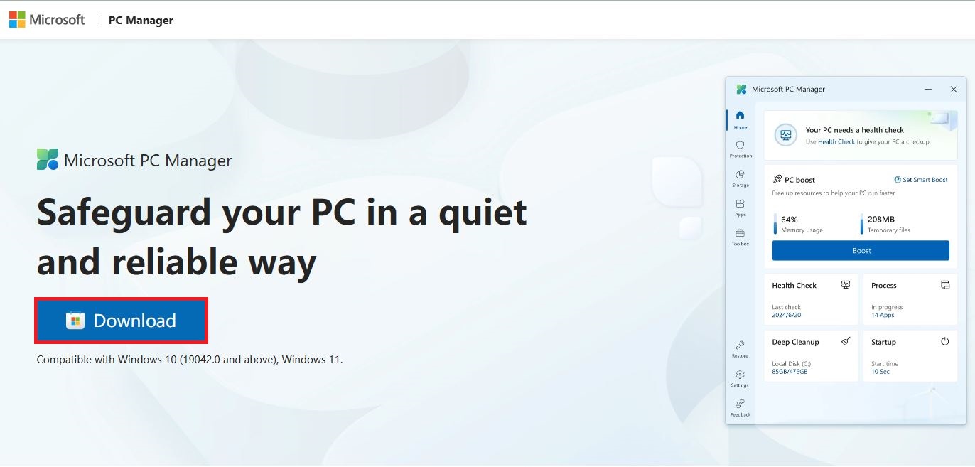 Microsoft PC Manager 공식 웹사이트 다운로드 버튼 선택 화면