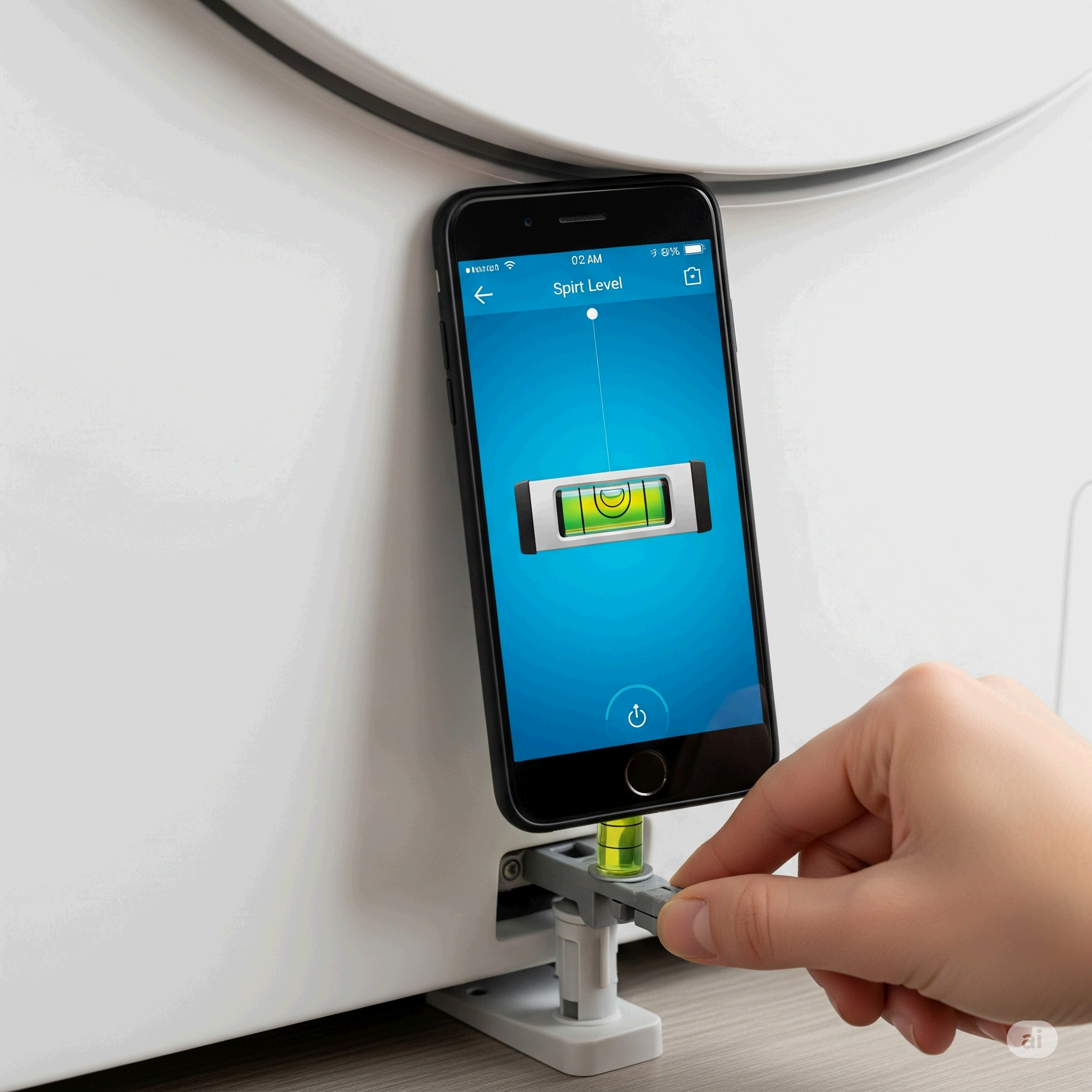 스마트폰 수평계 앱으로 세탁기 수평을 맞추는 모습