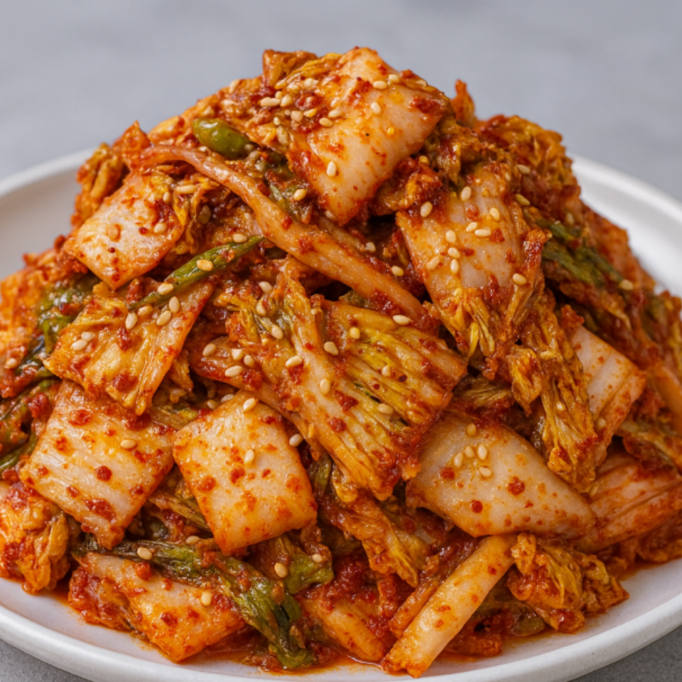 접시에 담긴 새콤매콤한 겉절이와 통깨 토핑