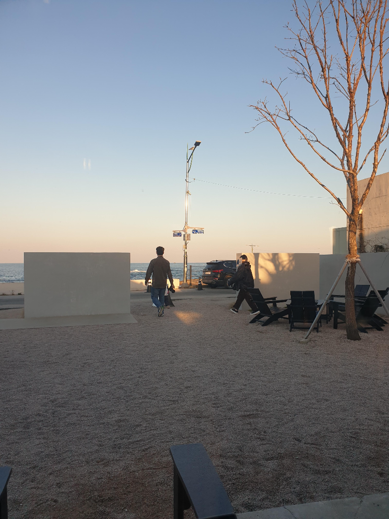 담장 사이로 바다가 보이고 손님 두 분이 나가고 있다. 앙상한 나무가지와 의자돌이 느낌을 더 한다.