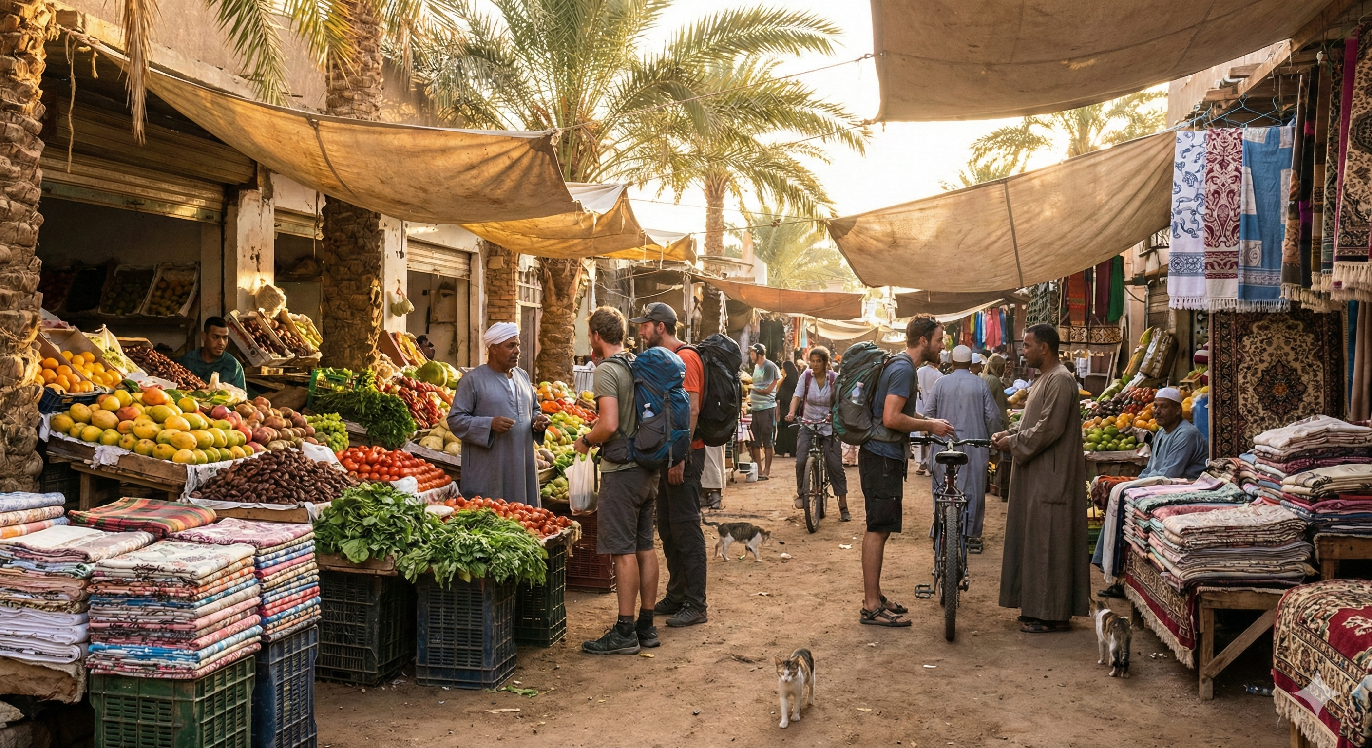 저렴하게 즐길 수 있는 이집트 다합 로컬 시장의 신선한 과일들과 평화로운 길거리 풍경이미지.