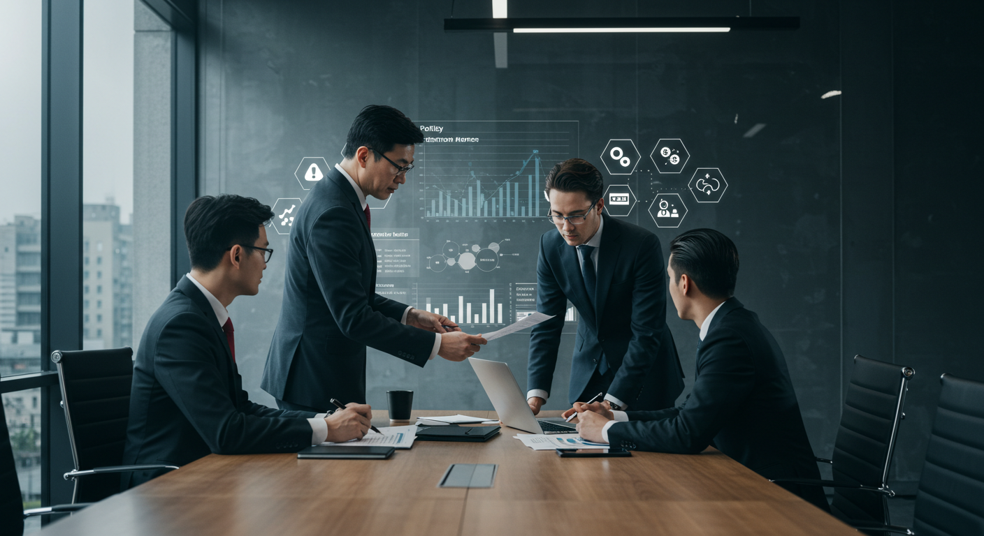 산업별 투자 위험요소(정책, 기술, 시장 변동)를 분석하는 전문가들이 회의실에서 데이터를 검토하고 토론하는 장면.