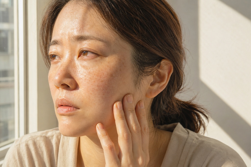 창가 햇빛 아래에서 볼에 생긴 기미와 잡티 등 색소 침착 피부 고민을 살피고 있는 여성의 모습