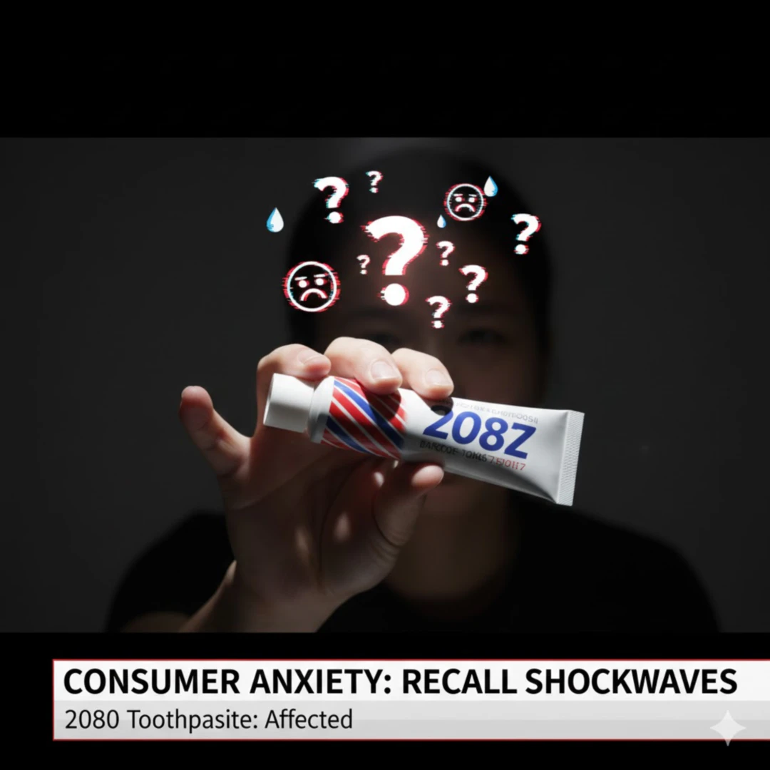 2080치약을 들고 있는 사람의 손이 흔들리거나, 표정이 굳어 있거나, 여러 개의 의문부호와 걱정스러운 표정의 이모티콘이 사람 주변에 떠다니는 모습을 연출하여 소비자의 당혹감을 나타냅니다.