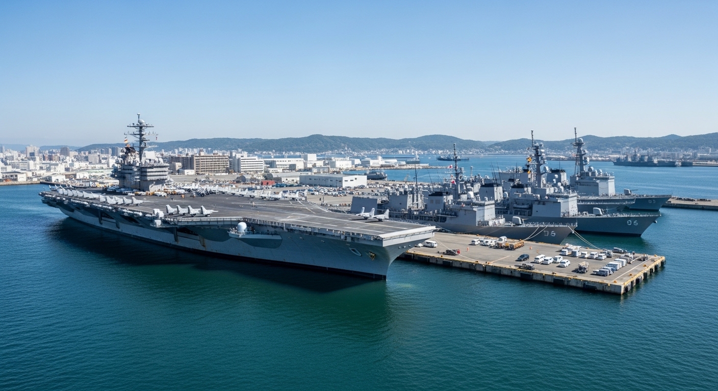 일본 요코스카 기지에 정박해 있는 미 해군 구축함과 일본 해상자위대 함선들이 함께 있는 모습으로, 미일 군사 협력의 상징성을 보여줌