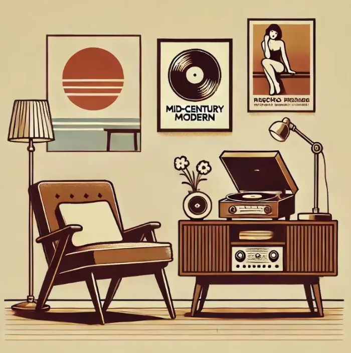 중후반 세기 모던 스타일의 의자, 나무 콘솔 위의 레코드 플레이어, 빈티지 램프, 벽에 걸린 레트로 포스터로 꾸며진 빈티지 소품을 활용한 레트로 감성 주거 공간의 간단한 삽화. 따뜻하고 부드러운 색감과 깔끔한 선으로 표현된 아늑하고 향수를 불러일으키는 분위기
