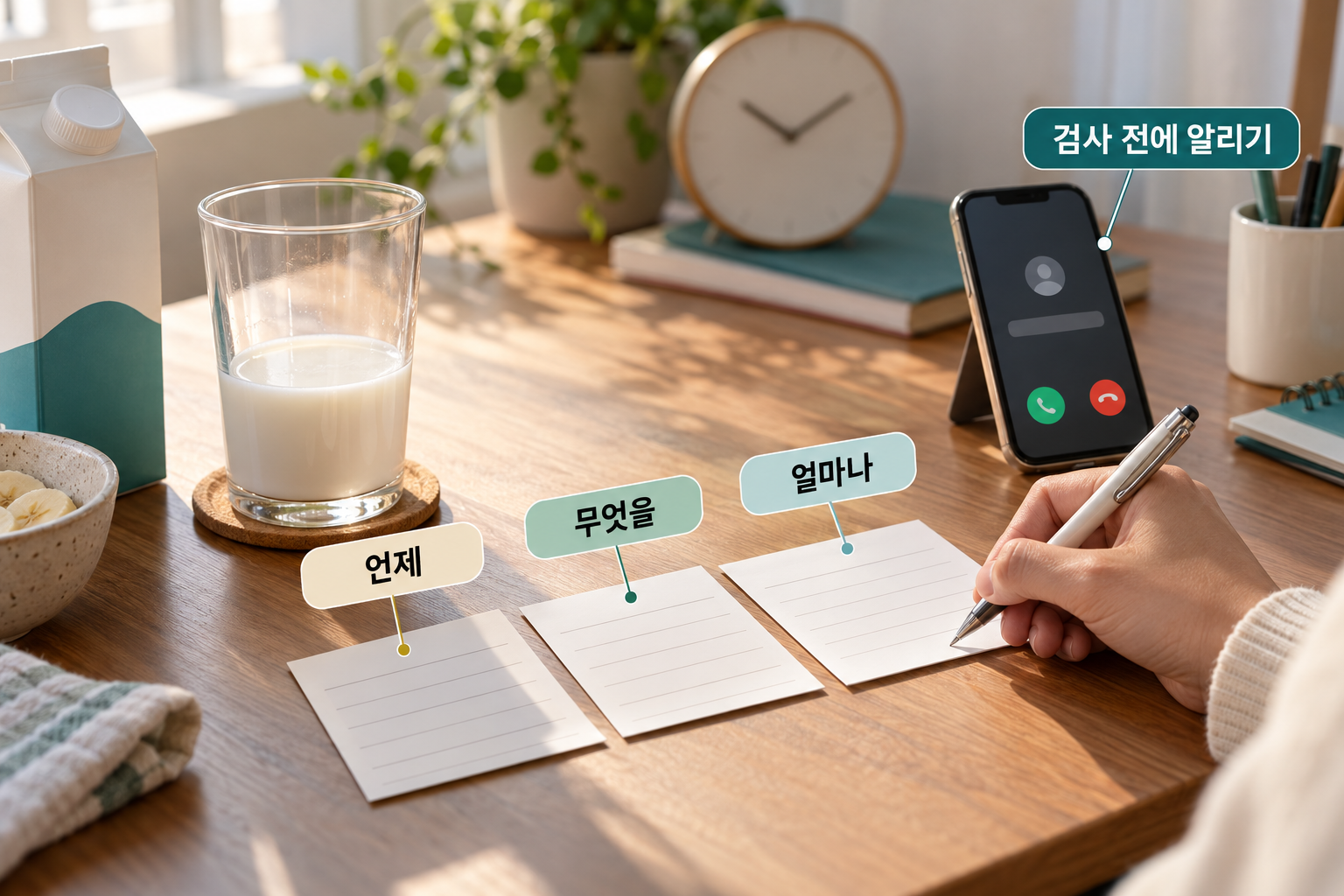 우유를 마신 시각과 양을 메모하고 기관에 연락할 준비