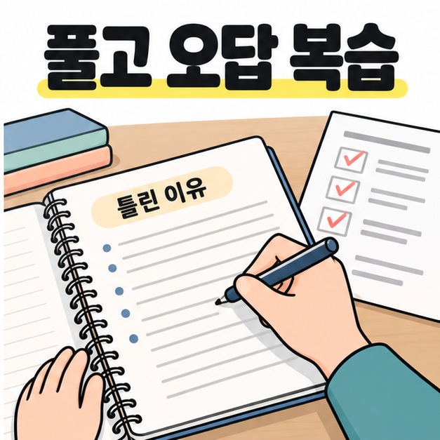 틀린 이유를 적는 오답 노트와 체크 표시가 있는 연습지로 복습하는 모습