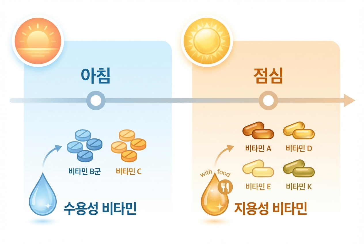 아침과 점심 복용 타이밍을 타임라인으로 표현한 인포그래픽, 아침에는 수용성 비타민, 점심에는 지용성 비타민 아이콘 배치