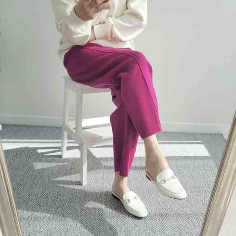 44-77허리밴딩 니트 핀턱 롱 세미 배기 팬츠/핑크 블루 블랙 아이보리