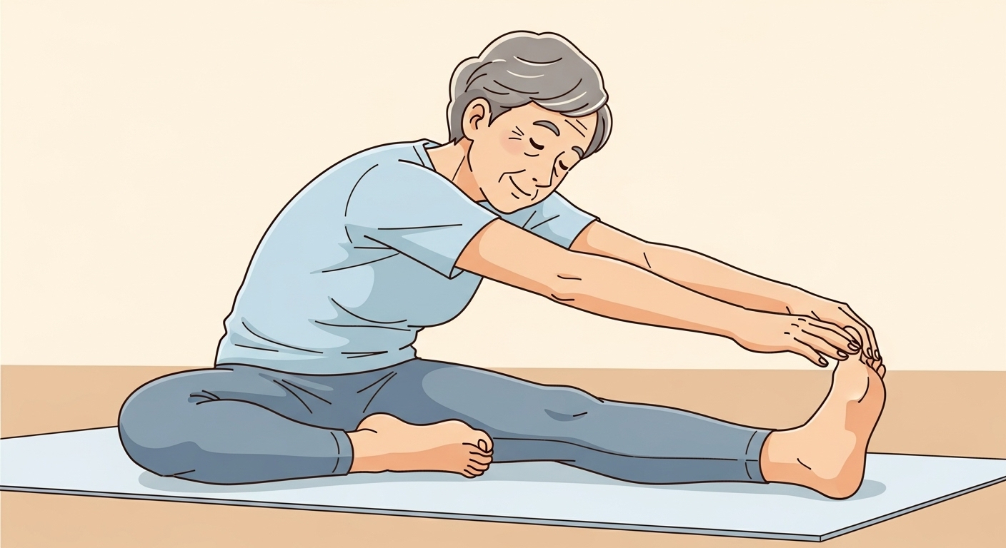 허벅지 뒤쪽과 허리 유연성 향상을 위한 앉아서 발끝 잡기 스트레칭을 하는 중년 여성의 모습 일러스트.