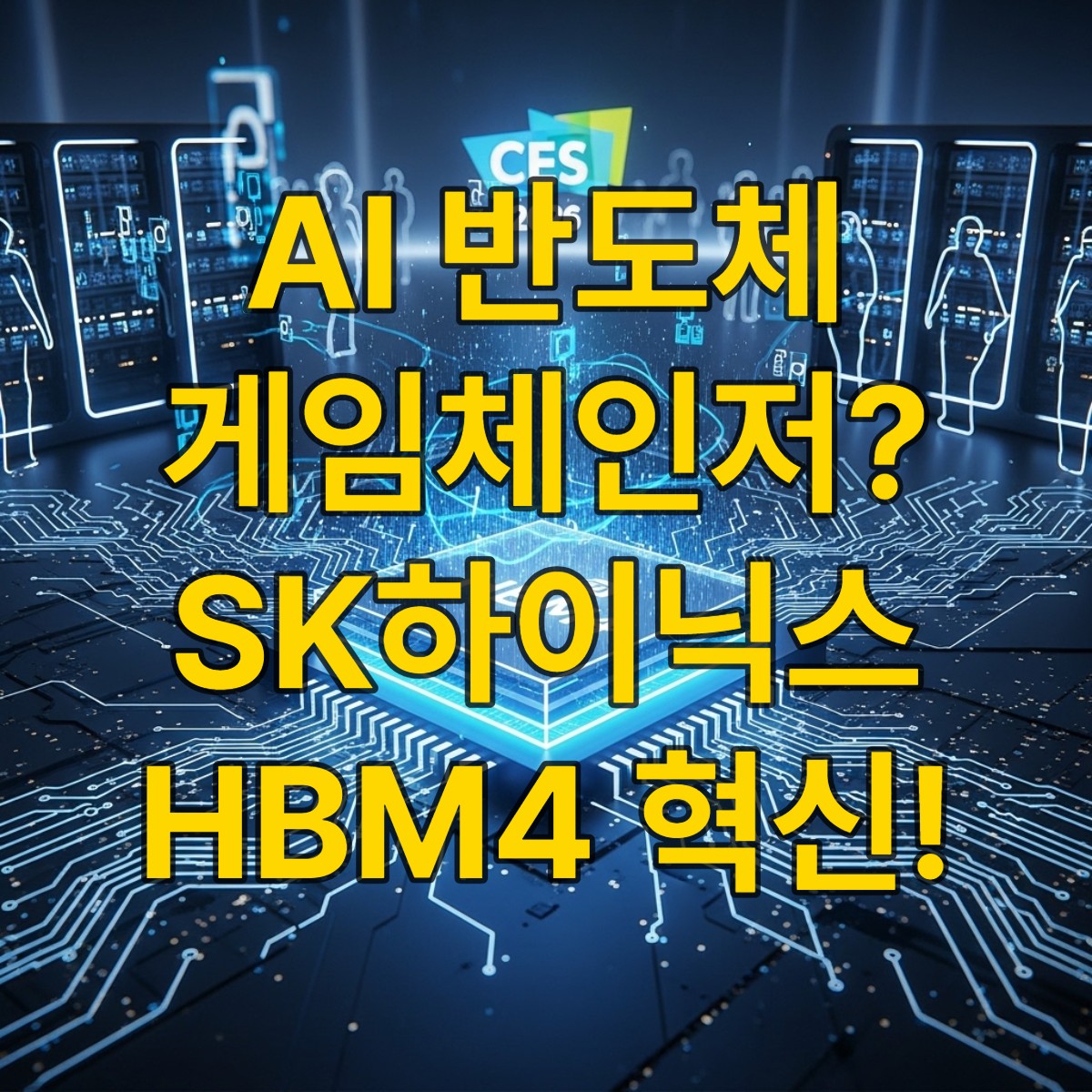 SK하이닉스가 CES 2026에서 공개한 16단 HBM4 48GB 칩의 미래지향적인 모습, 데이터 흐름이 시각화된 AI 반도체 혁신.