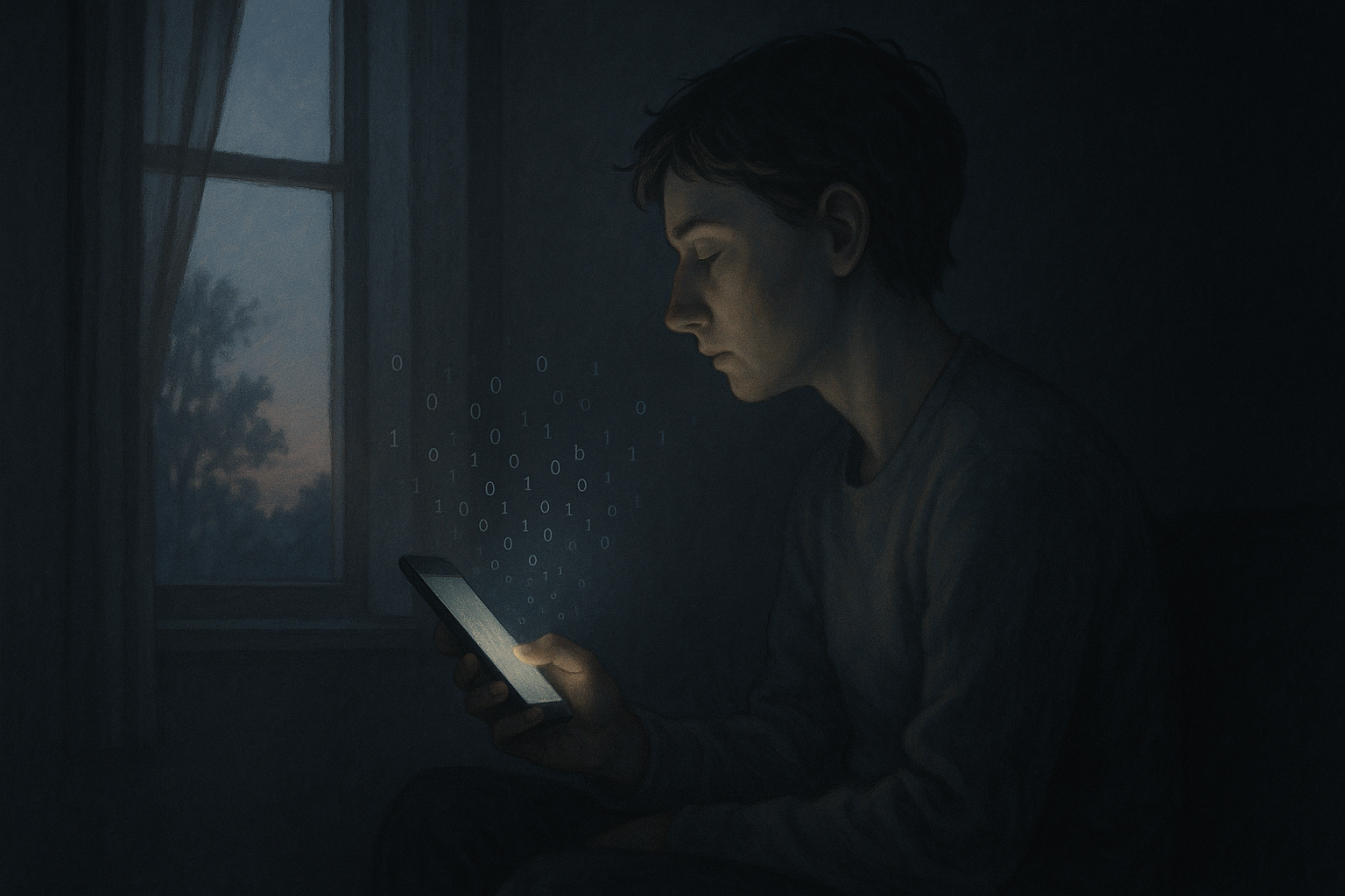 어두운 방안에서 스마트폰을 보는 남자 일러스트