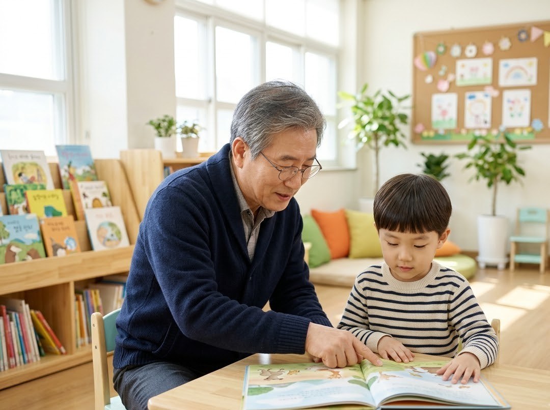 초등학교 도서관에서 아이의 책 읽기를 돕는 어르신, 역량활용형 노인일자리