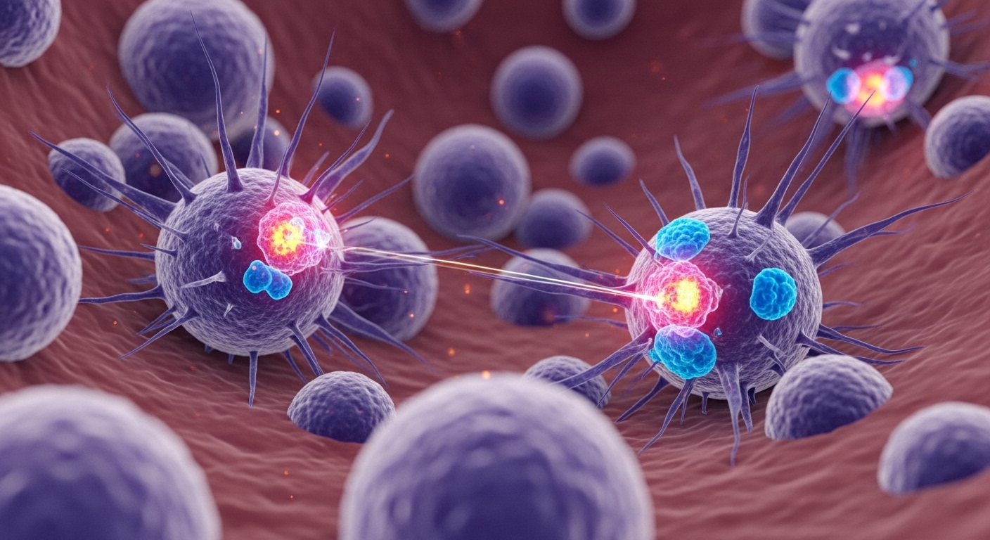 CAR-T cells actively targeting and attacking cancer cells inside the human body