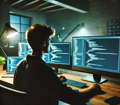 컴퓨터 여러대로 원격업무 중인 젊은 남성