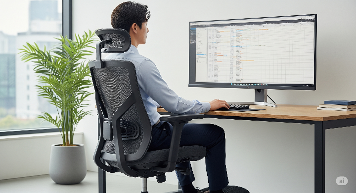한 명의 한국인 남성 작업자가 인체공학적으로 설계된 의자에 바른 자세로 앉아 컴퓨터를 사용하는 모습.