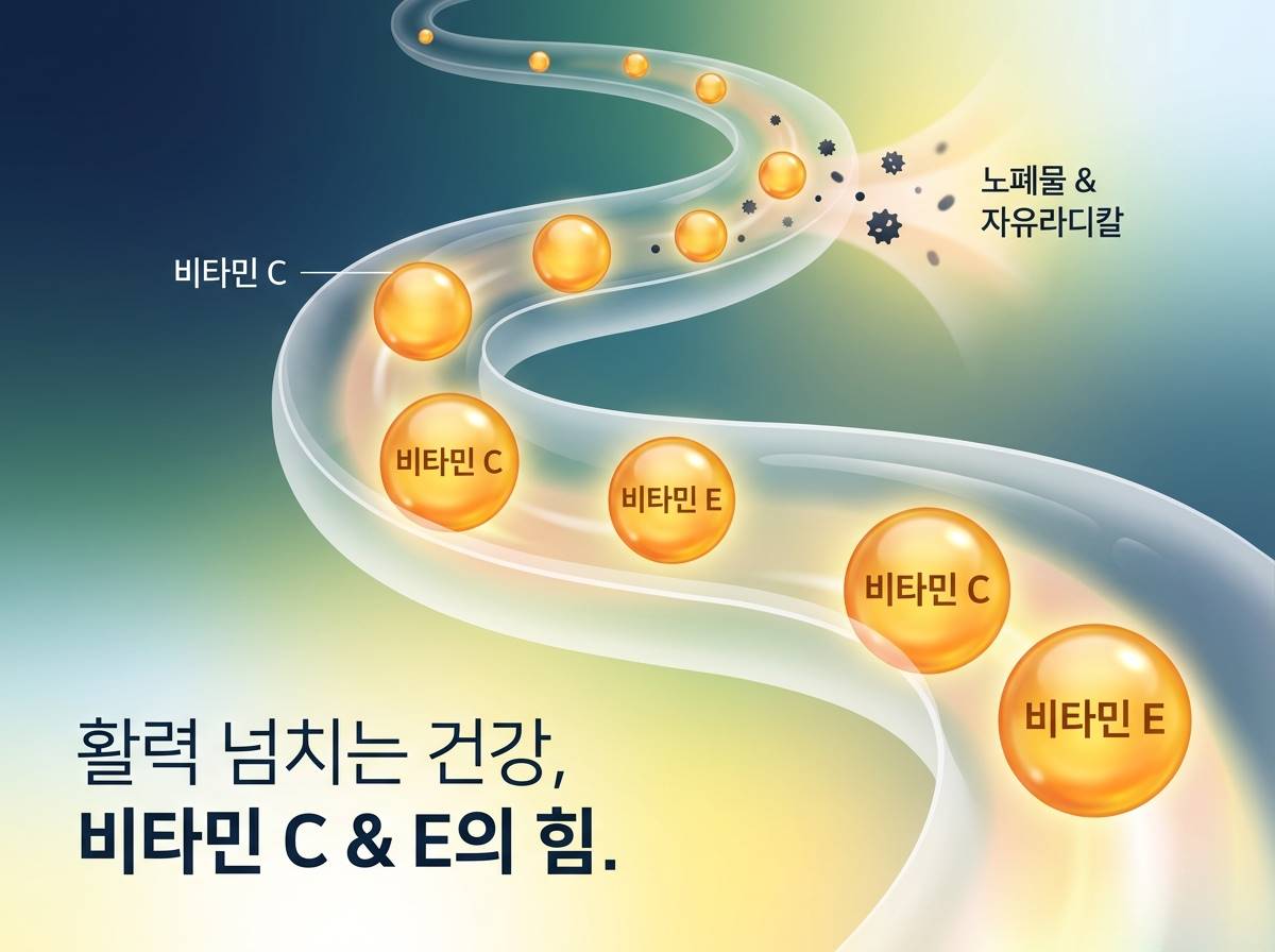 비타민 C와 E 영양제 캡슐이 혈관 속에서 노폐물과 자유 라디칼을 제거하는 깨끗하고 세련된 그래픽 이미지, 밝고 건강한 에너지 느낌