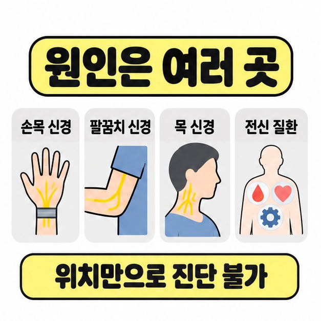손목 신경, 팔꿈치 신경, 목 신경과 전신 질환을 가능한 원인으로 나누고 위치만으로 진단할 수 없다고 알리는 이미지