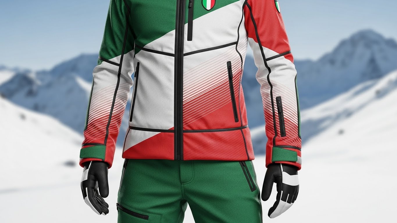 친환경 소재로 제작된 현대적인 동계 올림픽 유니폼을 착용한 선수의 모습. 이탈리아 국기 색상이 세련되게 디자인에 적용되어 있으며, 기능성 소재의 질감이 돋보인다. 배경은 눈 덮인 산이다.
