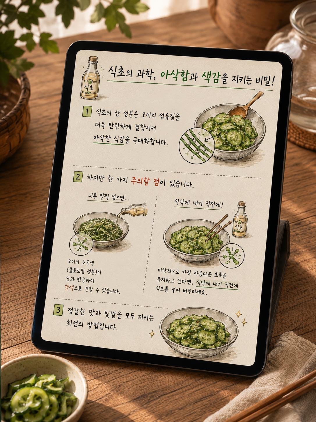 .아이패드 프로크리에이트 앱 화면을 담은 일러스트. 오이무침 조리 시 식초가 미치는 과학적 영향을 단계별로 설명하고 있다. 첫 번째로, 식초의 산 성분이 오이의 섬유질을 더욱 탄단하게 결합시켜 아삭한 식감을 극대화한다는 원리를 설명한다. 두 번째로, 식초를 너무 일찍 넣으면 산성 성분이 오이의 초록색을 담당하는 클로로필과 반응하여 갈색으로 변할 수 있음을 주의사항으로 언급한다. 마지막으로, 식초는 식탁에 내기 직전에 넣어 버무려야 정갈한 맛과 초록빛을 모두 지킬 수 있다는 조리 팁을 강조한다. 식재료의 물리적, 화학적 변화를 고려한 정갈한 요리 과학 노트이다.